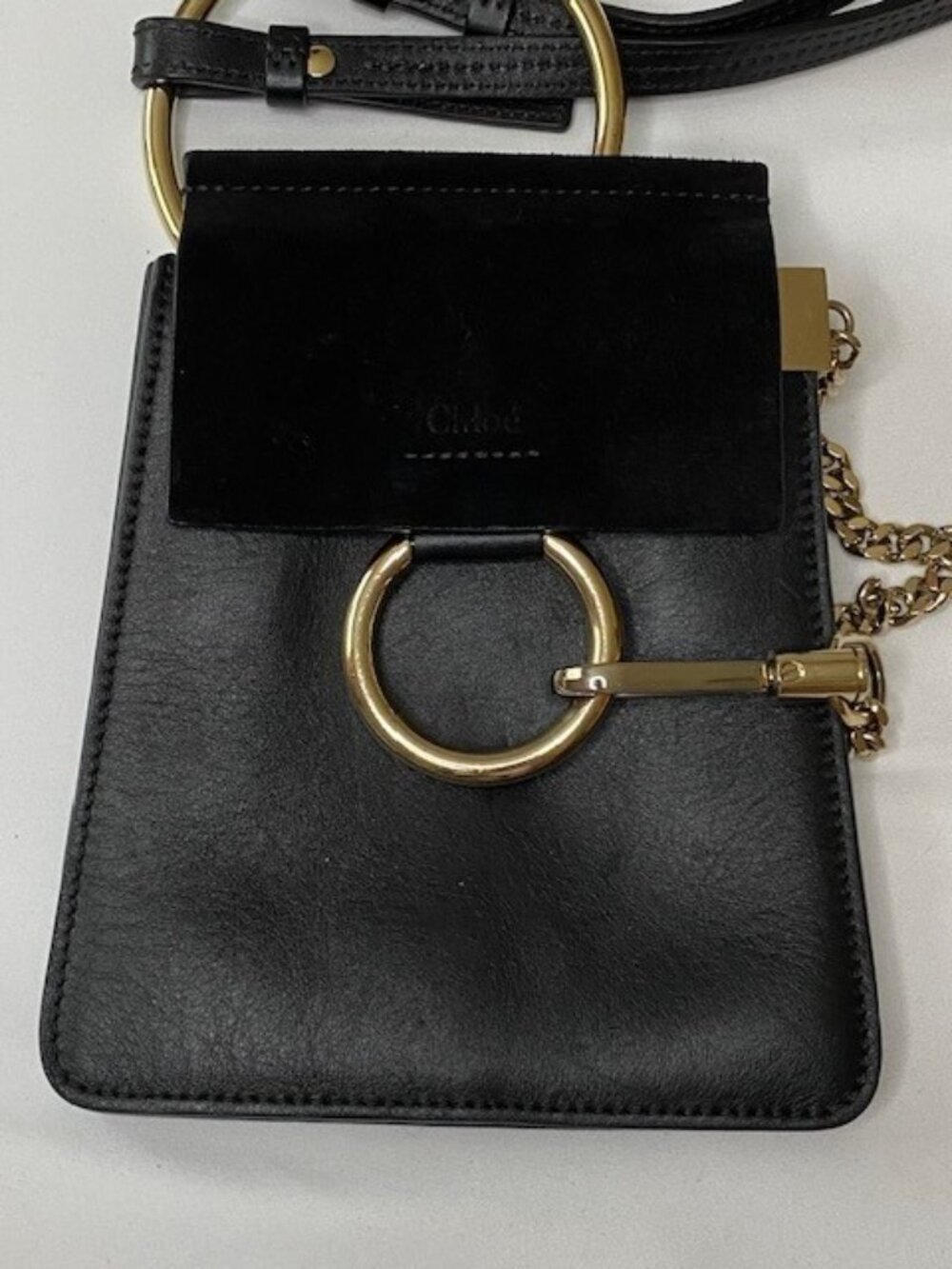 Chloe Faye Black Leather & Suede Crossbody Shoulder Handbag Gold Lobster Clasp